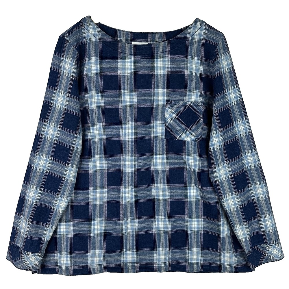 J.Jill‎ Womens Plaid Blouse Large Blue Relaxed Back Button Detail Preppy Office